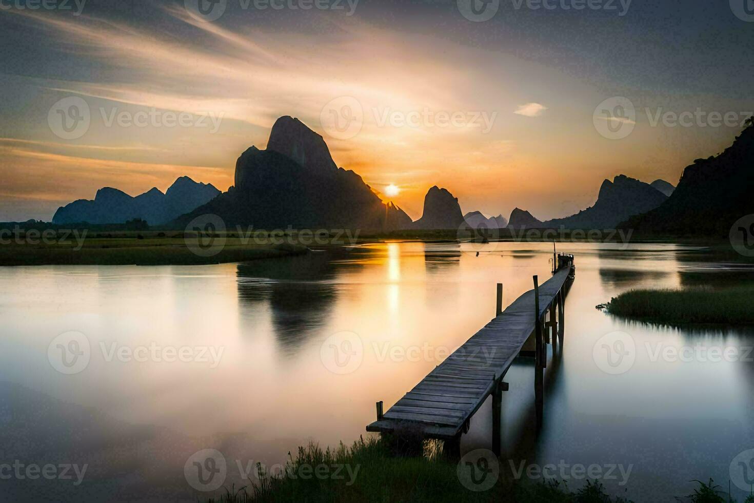the sun rises over a river and mountains. AI-Generated photo