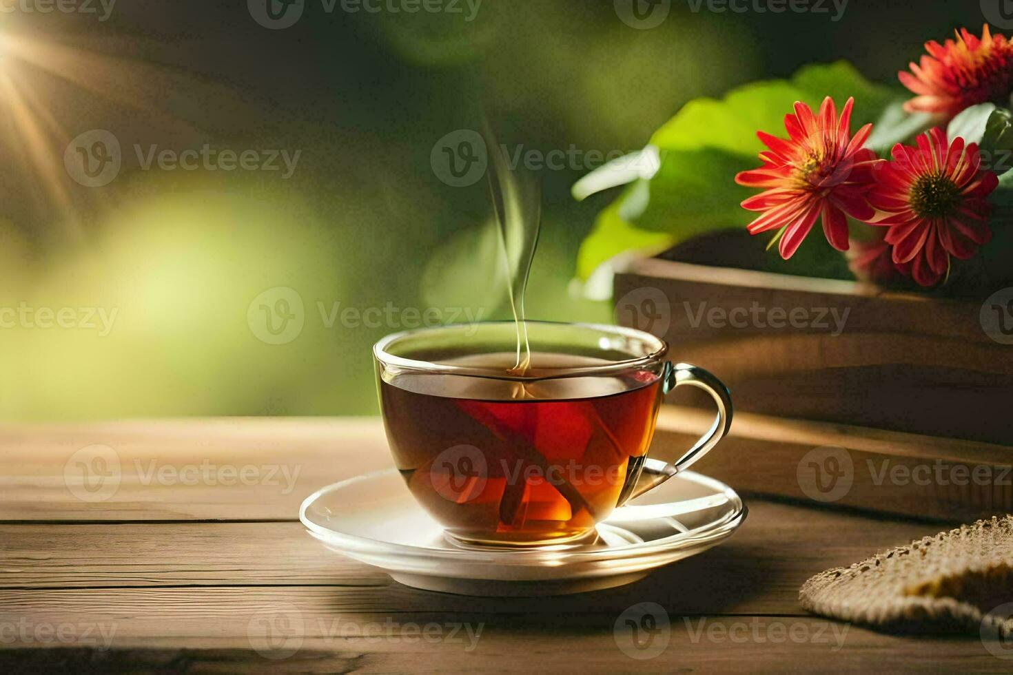 a cup of tea on a wooden table. AI-Generated photo