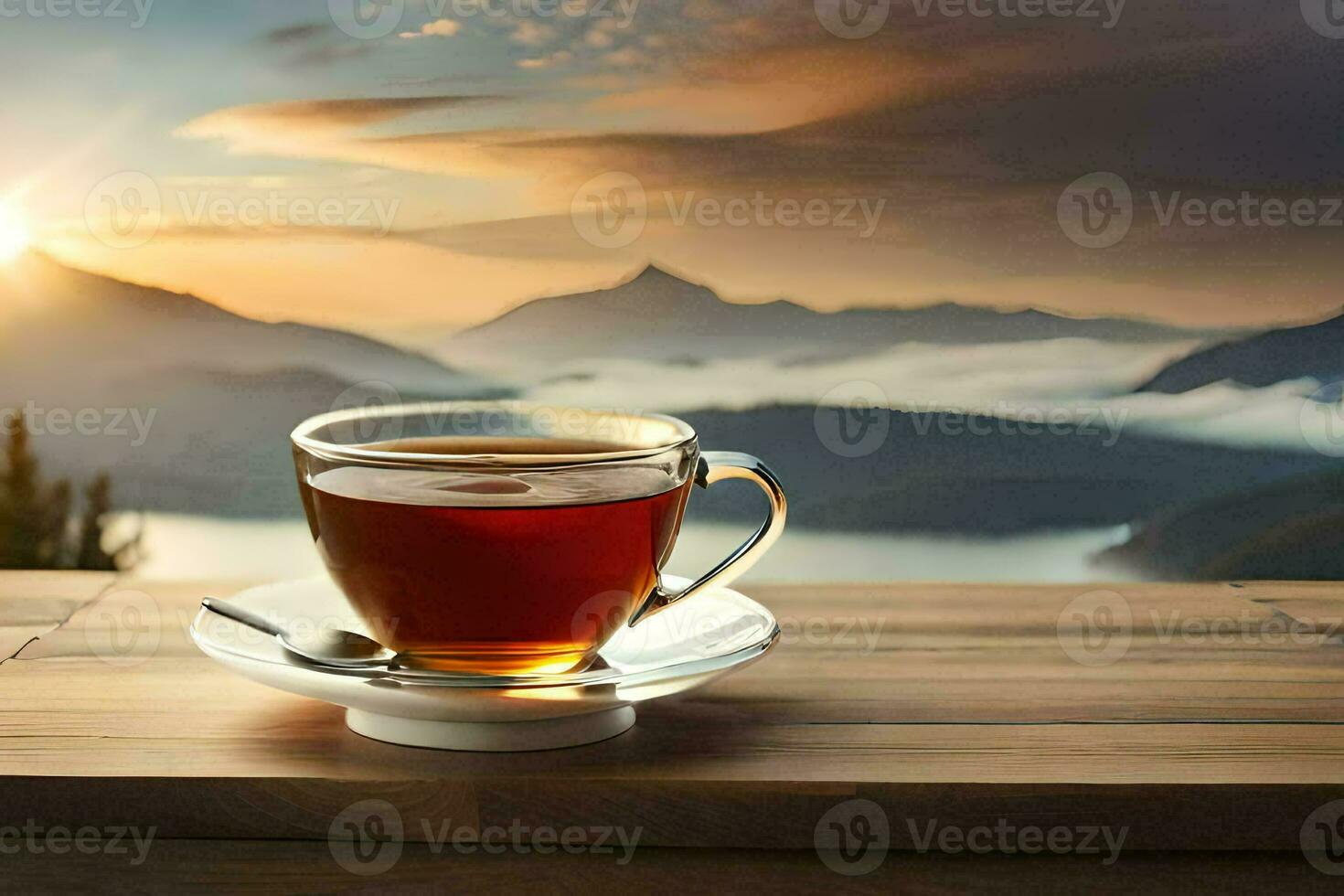 a cup of tea on a wooden table with mountains in the background. AI-Generated photo