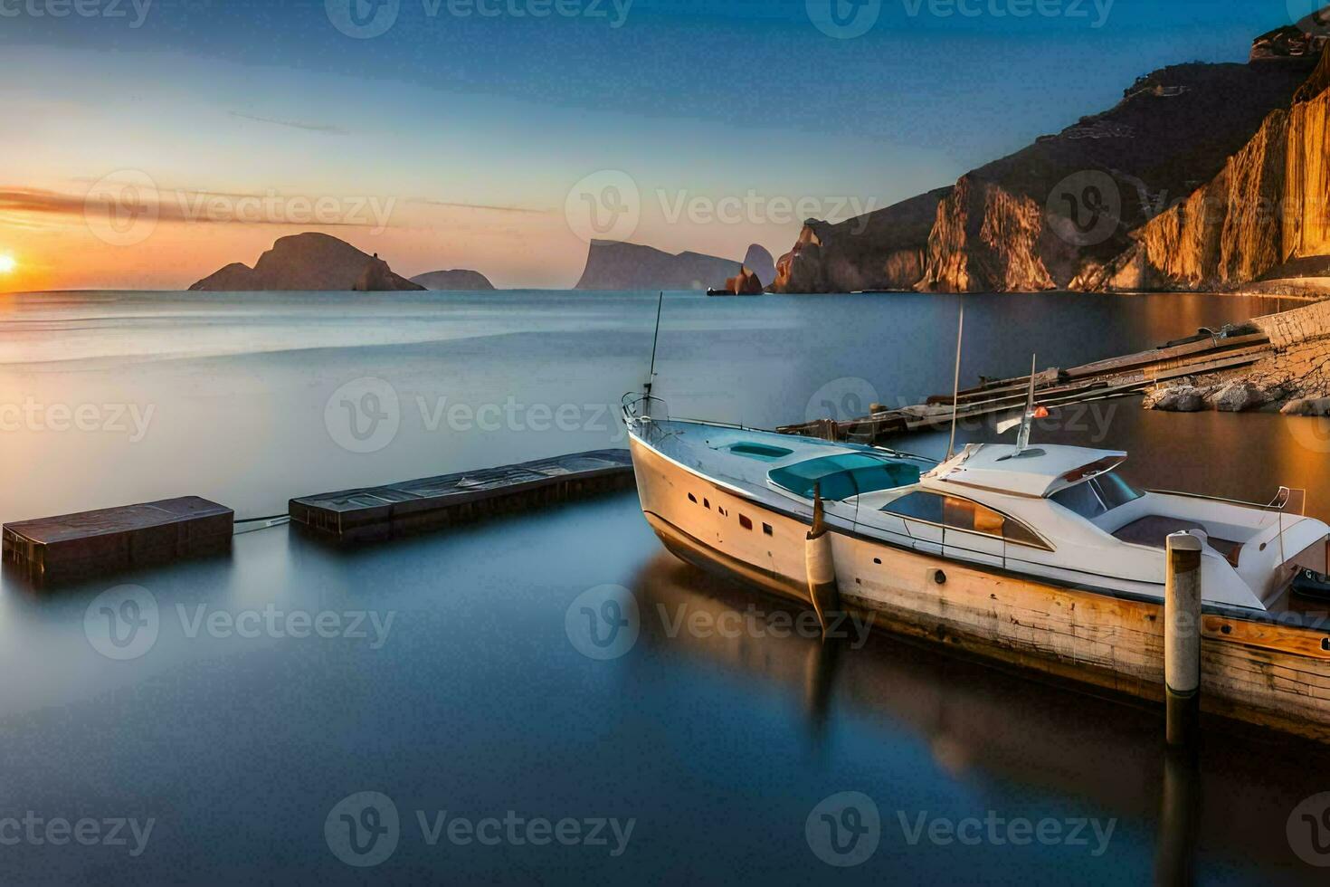 a boat docked at the shore of a body of water. AI-Generated photo