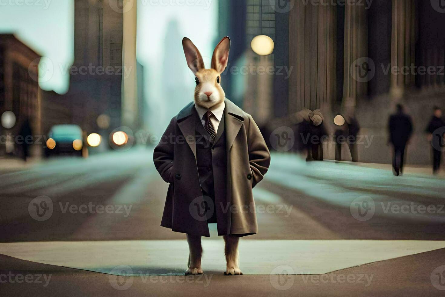 a rabbit dressed in a suit and tie standing on a street. AI-Generated photo