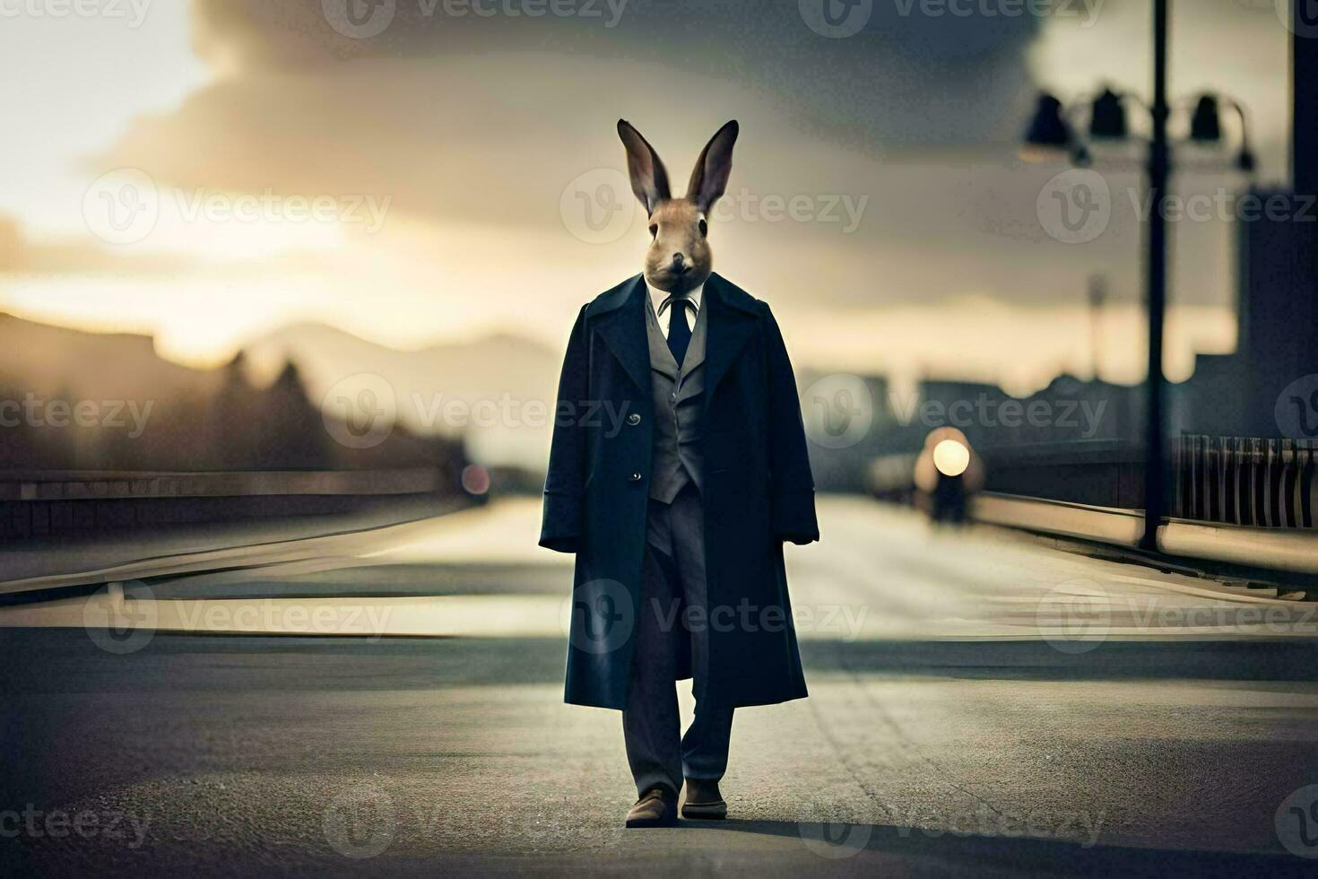a rabbit wearing a suit and tie on the street. AI-Generated photo