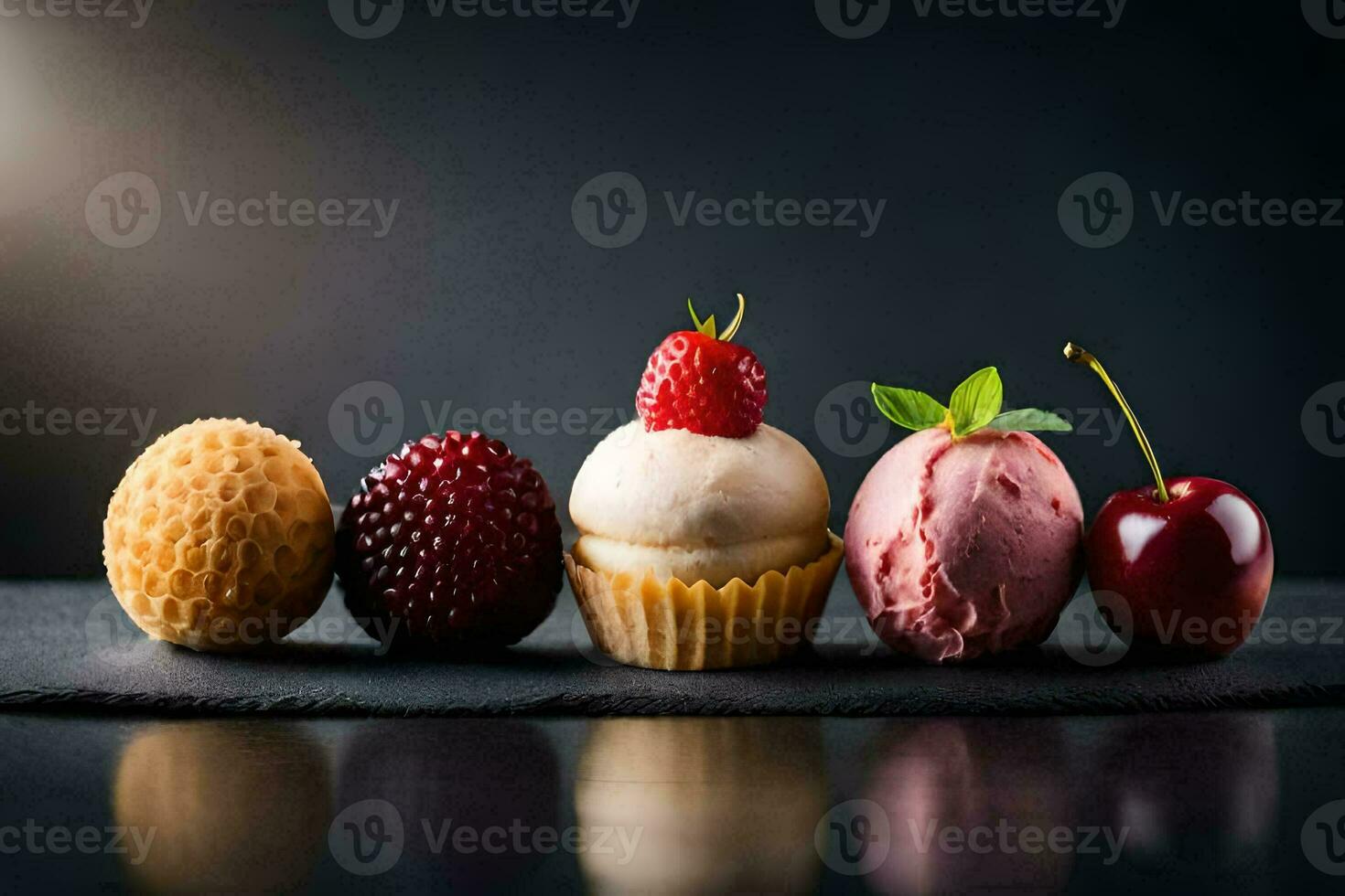 different types of desserts on a black background. AI-Generated photo