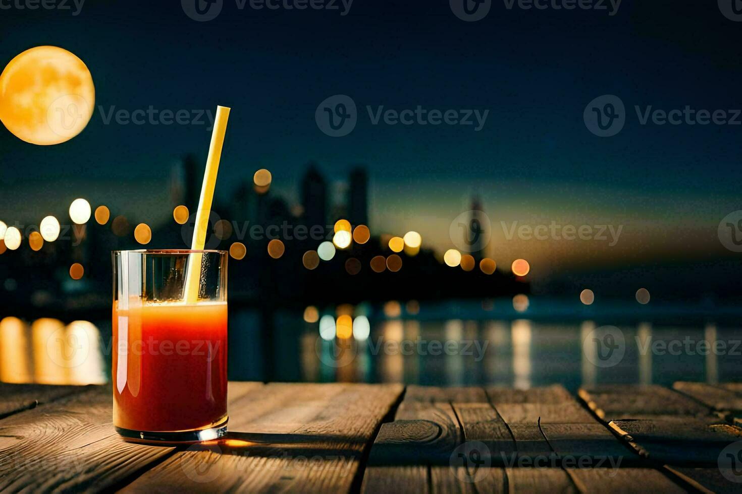 glass of orange juice on wooden table with city lights in the background. AI-Generated photo