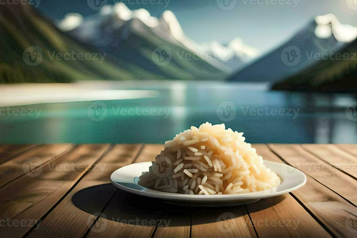 a plate of rice on a wooden table in front of a lake. AI-Generated photo