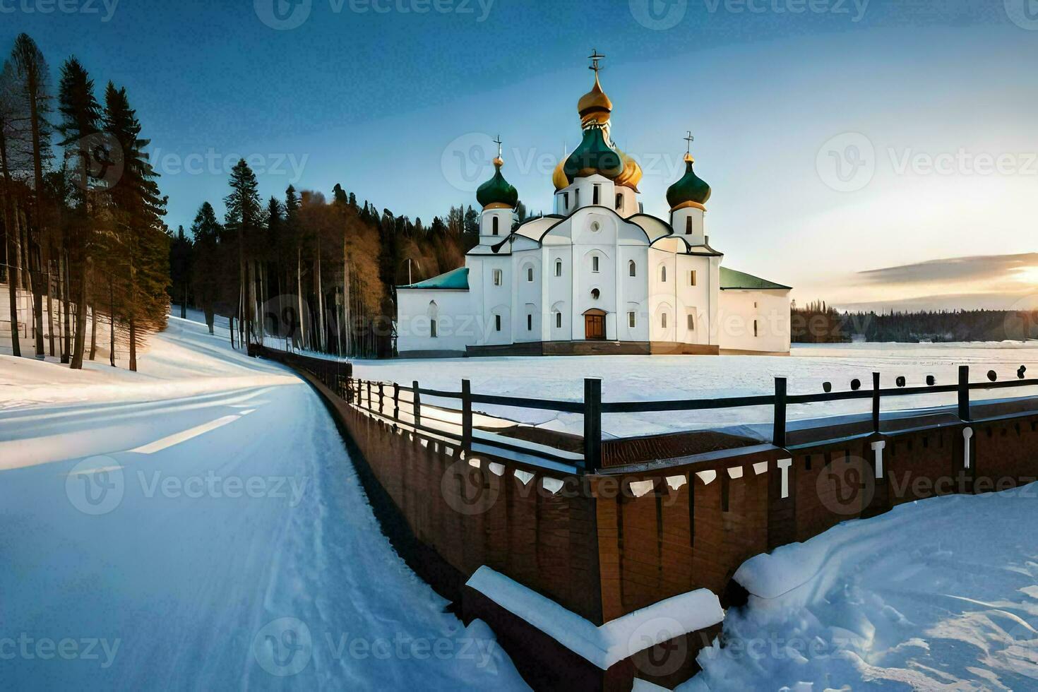 un Iglesia en el nieve con un cerca y arboles generado por ai foto