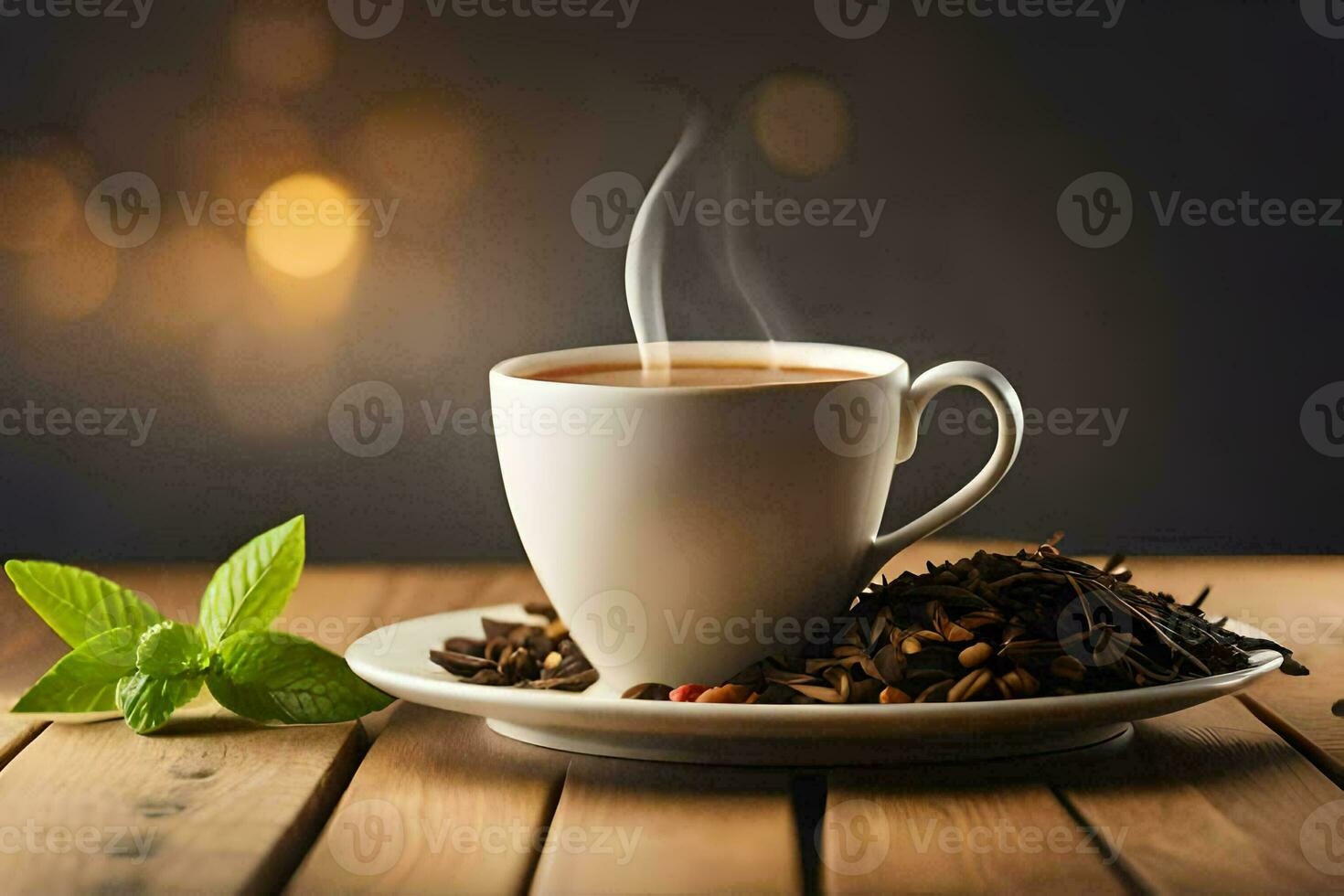 a cup of coffee with a cup of tea on a wooden table. AI-Generated photo