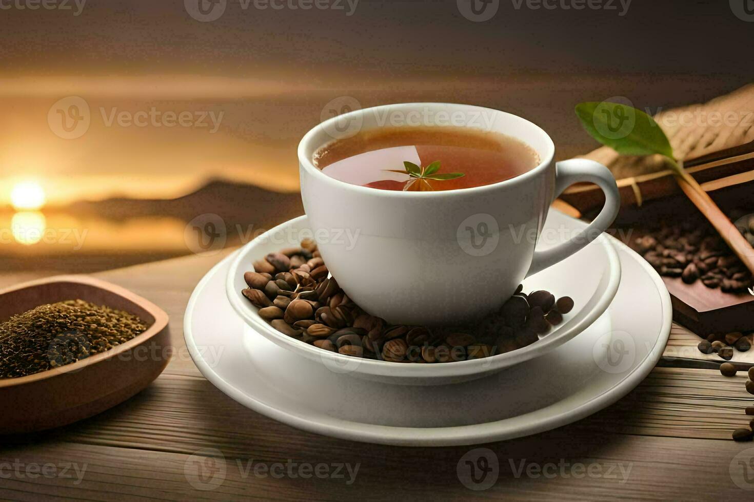 coffee beans and a cup of tea on a wooden table. AI-Generated photo