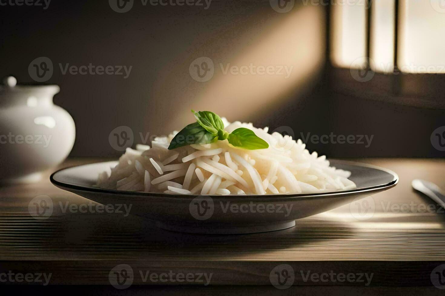 a bowl of rice with a leaf on top. AI-Generated photo