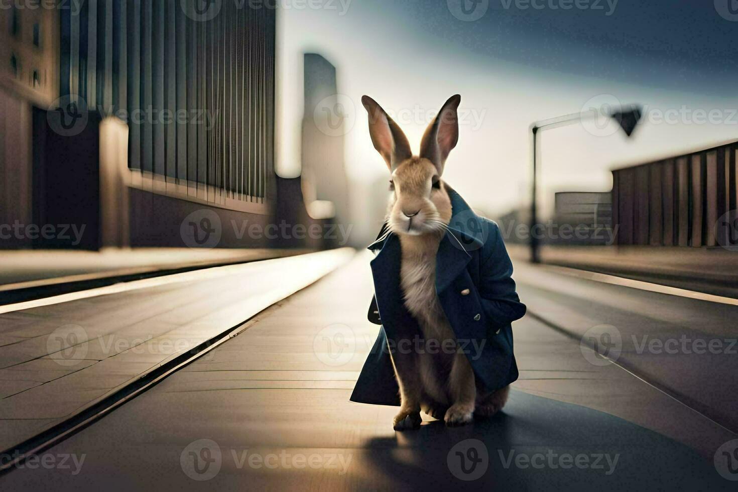 a rabbit wearing a coat and sitting on a train track. AI-Generated photo