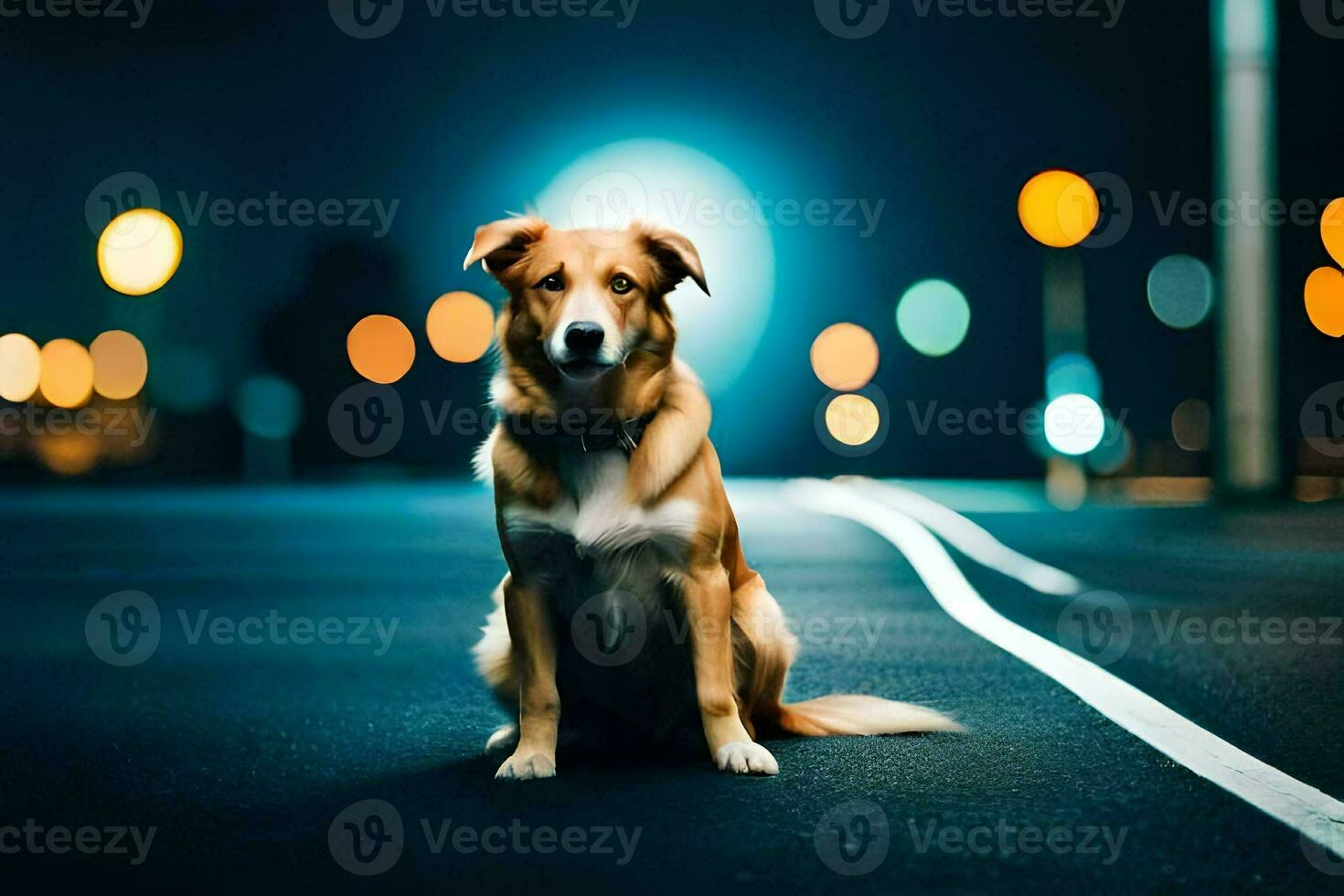 un perro sentado en el la carretera a noche. generado por ai foto