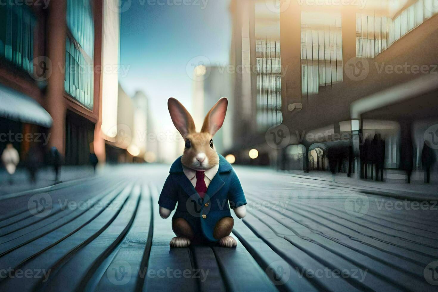 a rabbit wearing a suit and tie standing on a street. AI-Generated photo