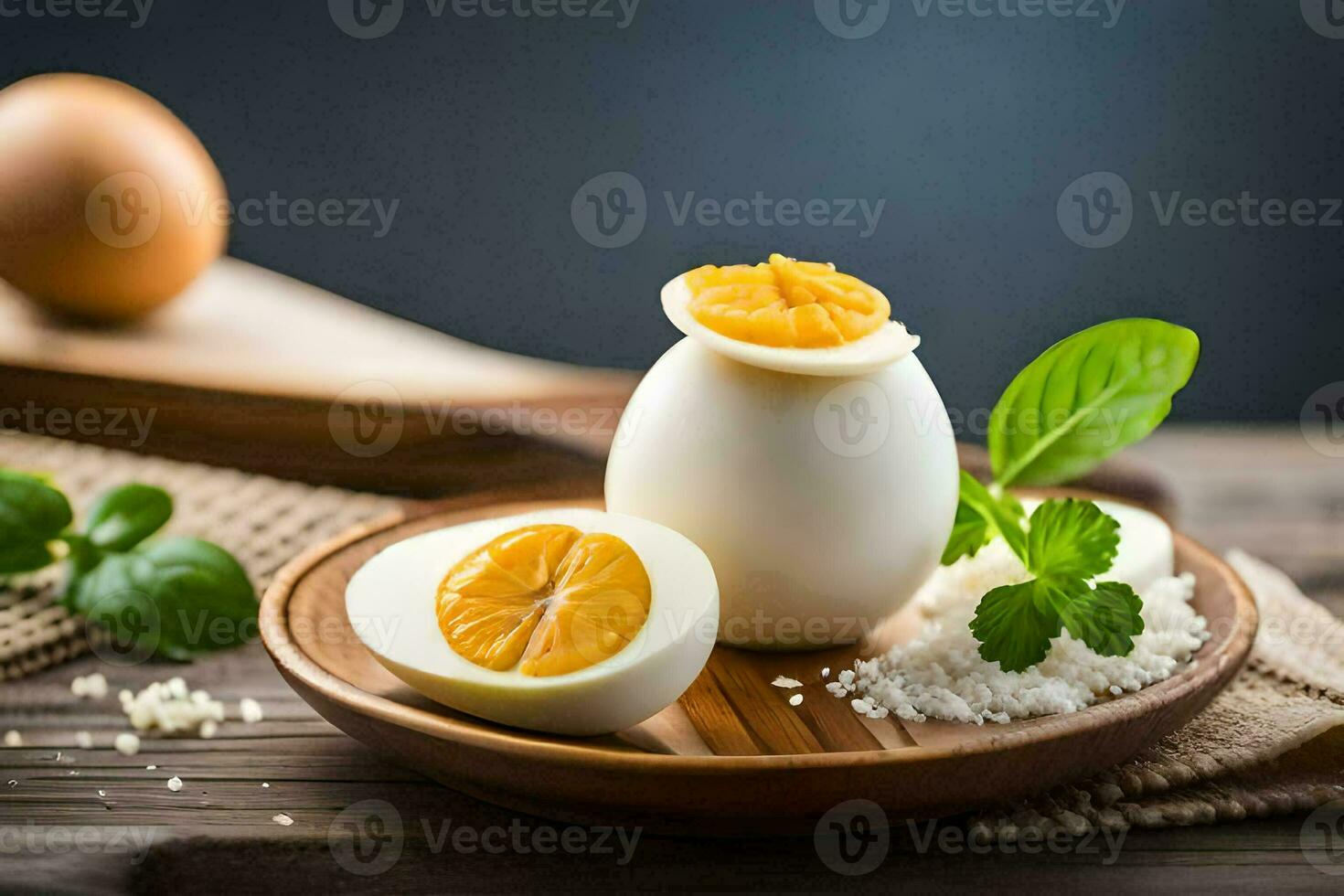 hard boiled eggs on a wooden plate with salt and herbs. AI-Generated photo