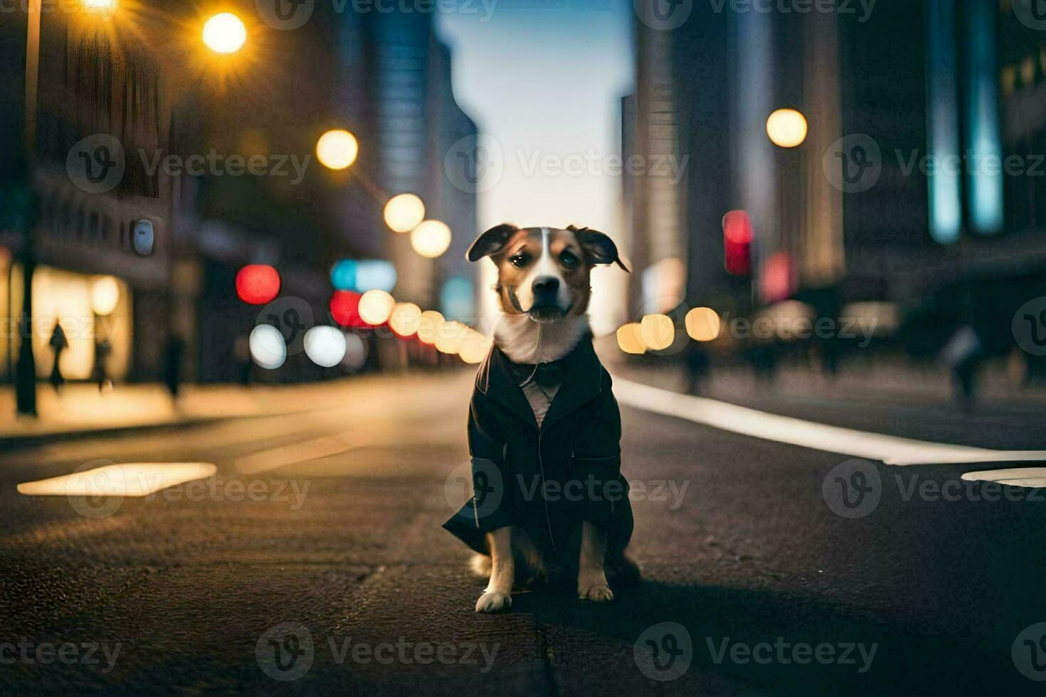 a dog in a suit sitting on the street at night. AI-Generated photo