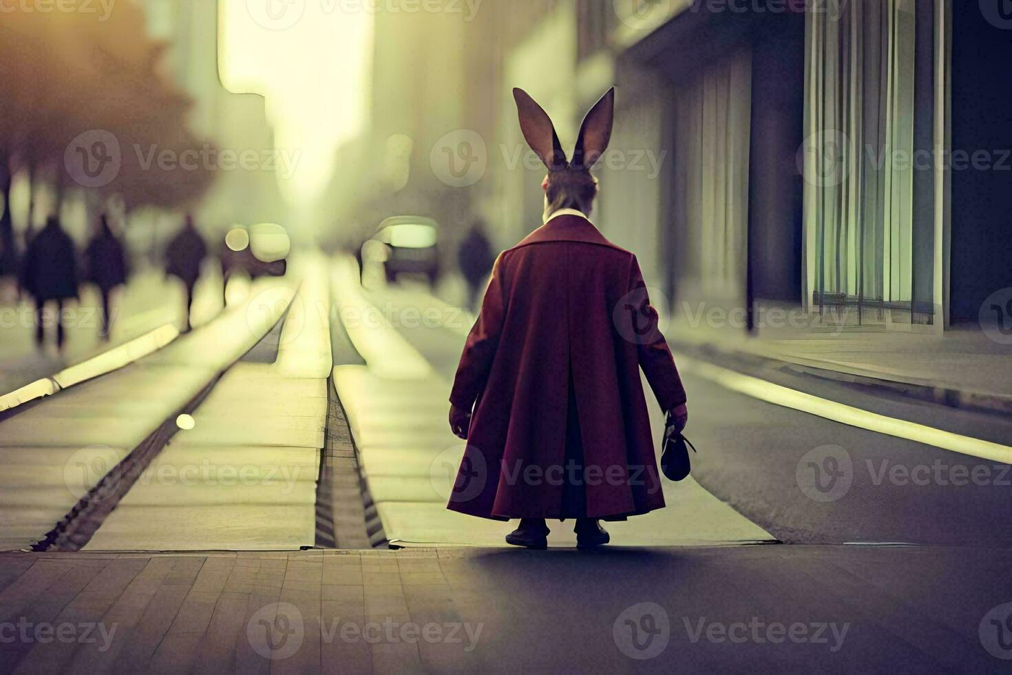 a rabbit wearing a red coat and hat is walking down a street. AI-Generated photo