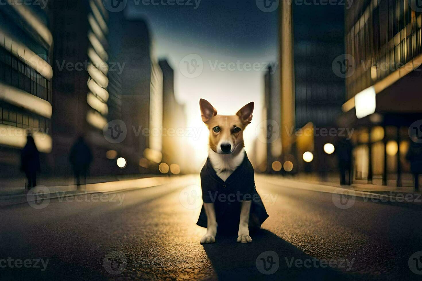 a dog in a suit sitting on the street. AI-Generated photo