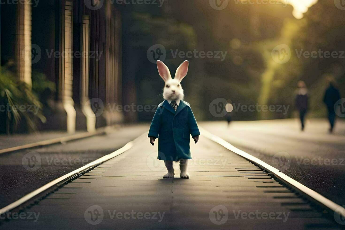 a rabbit in a blue coat standing on a train track. AI-Generated photo