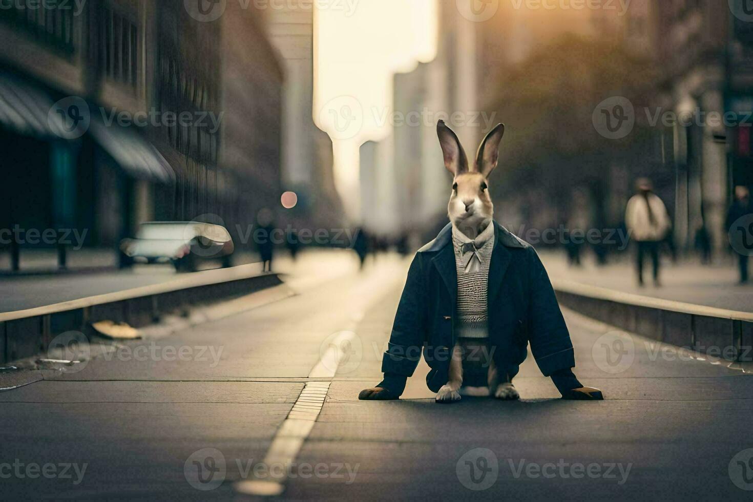 a rabbit wearing a jacket sits on the street. AI-Generated photo
