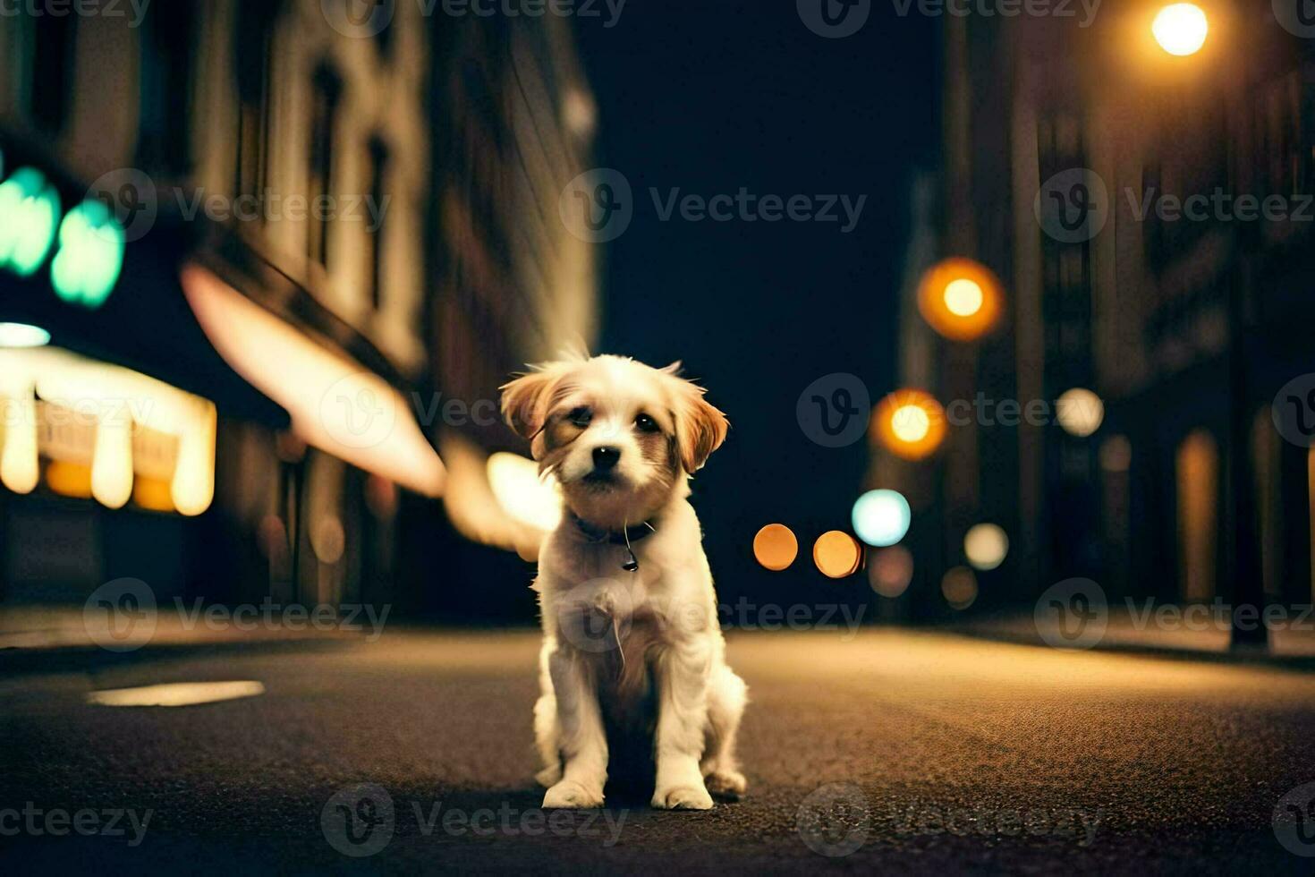 a dog sitting on the street at night. AI-Generated photo