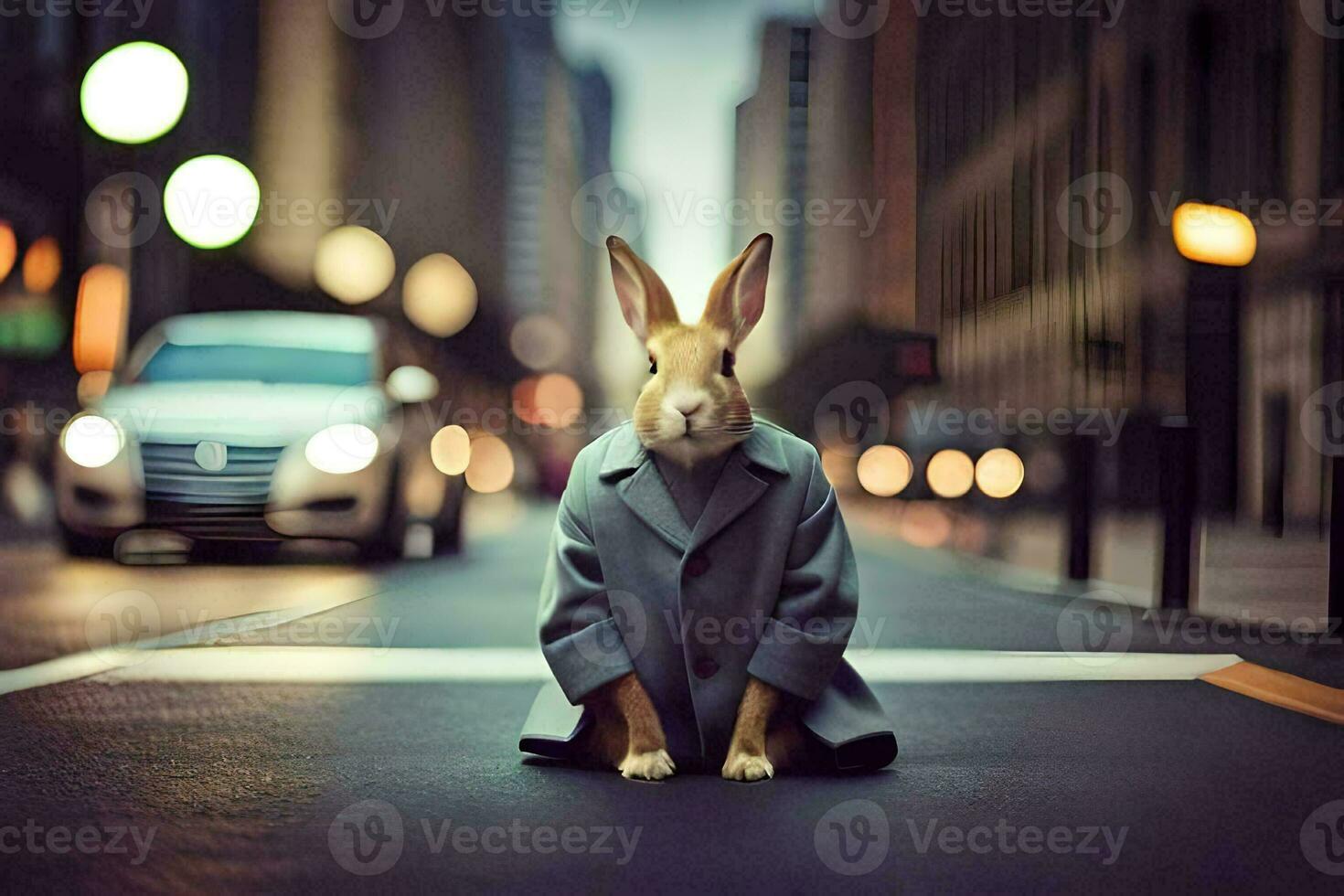 a rabbit in a coat sitting on the street. AI-Generated photo