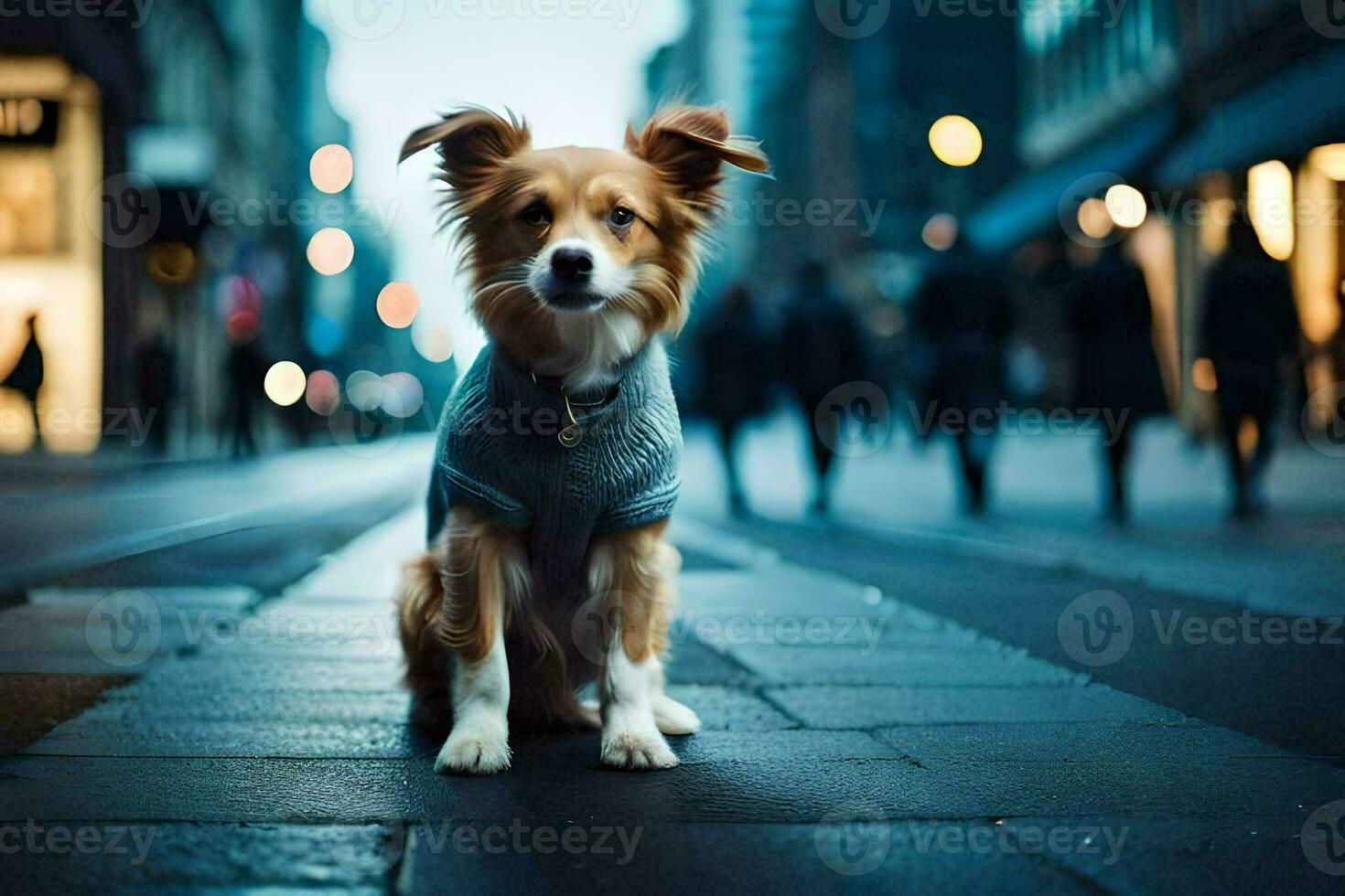 a dog wearing a sweater sits on the street at night. AI-Generated photo