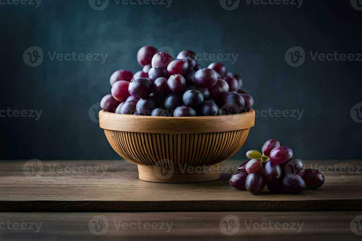 grapes in a wooden bowl on a dark background. AI-Generated photo