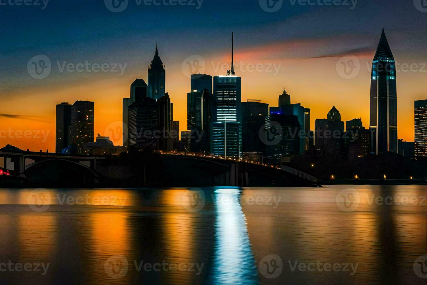 el ciudad horizonte es reflejado en el agua a puesta de sol. generado por ai foto