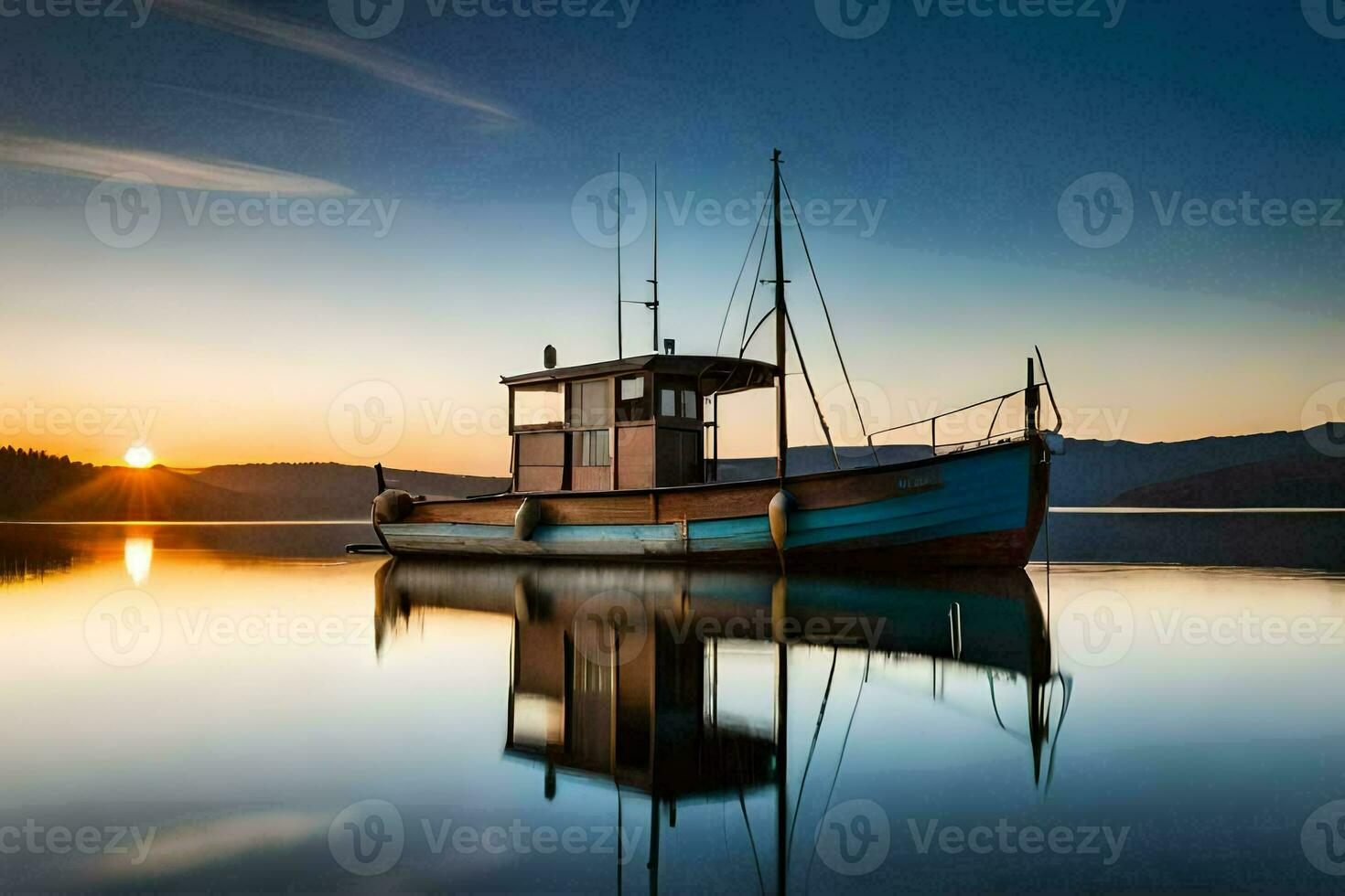 a boat sits on the water at sunset. AI-Generated photo