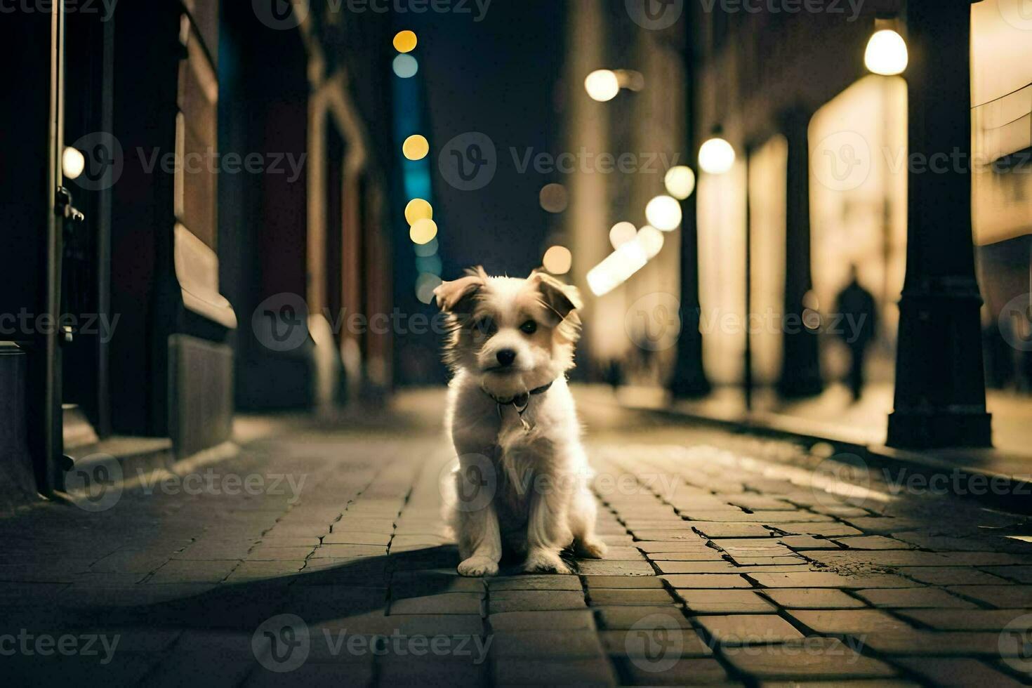 a small dog sitting on the sidewalk at night. AI-Generated photo