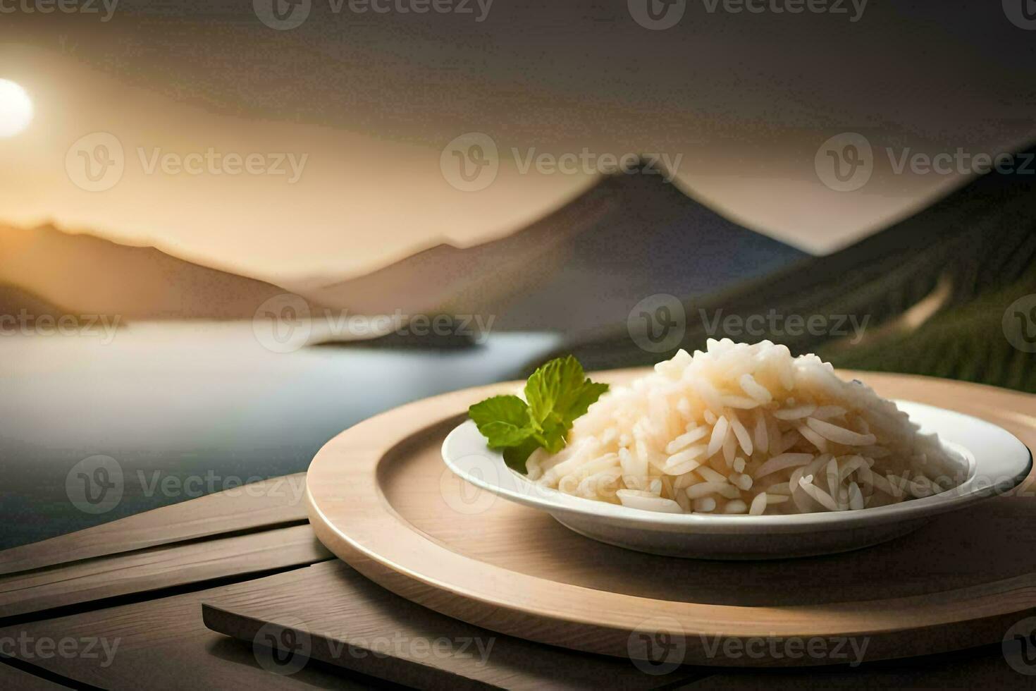 a plate of rice with a mountain view. AI-Generated photo