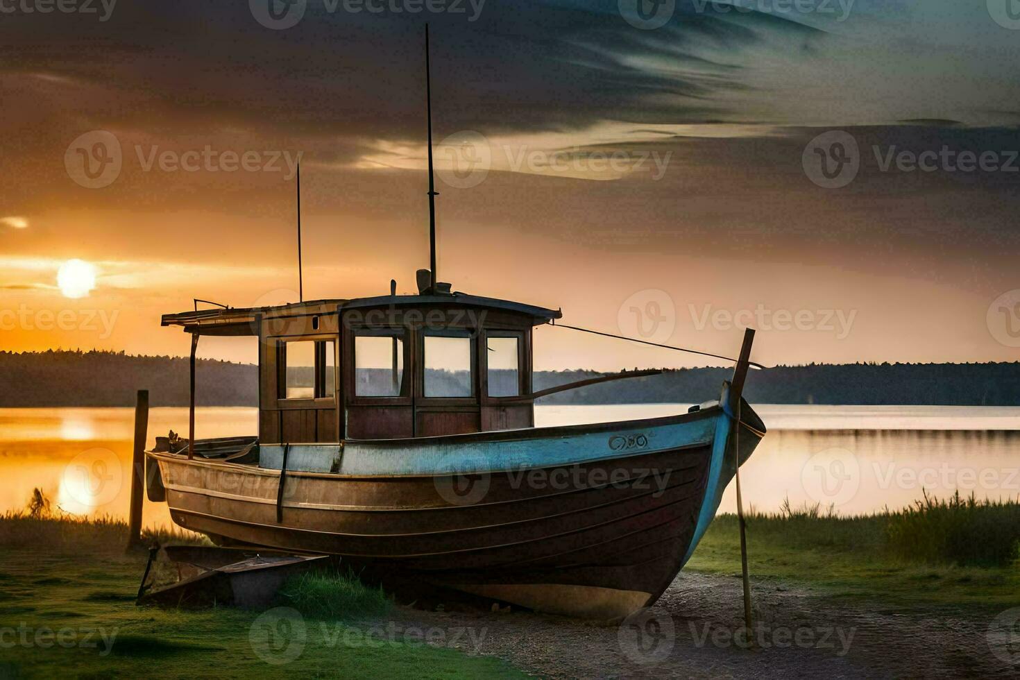 a boat sits on the shore at sunset. AI-Generated photo