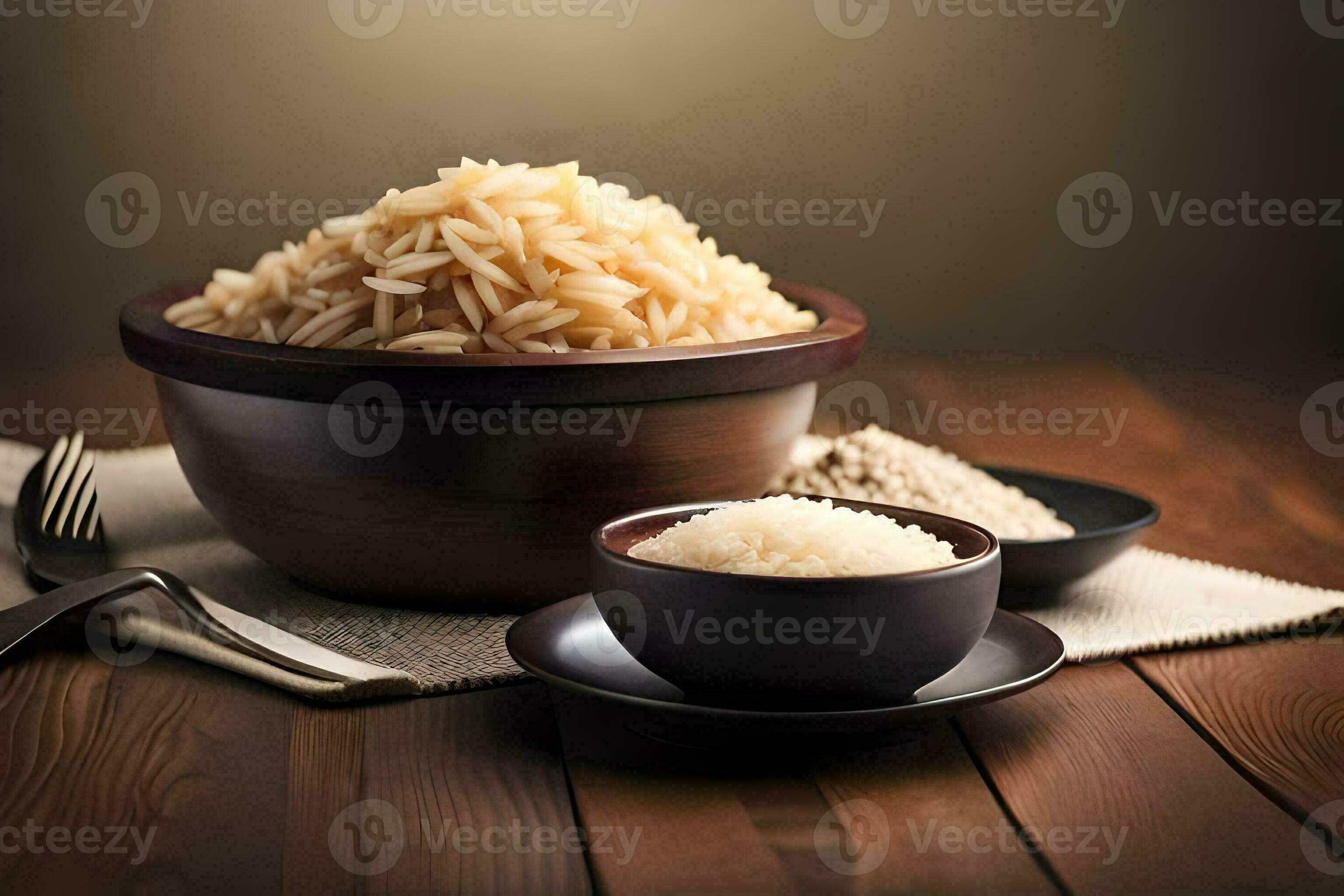 a bowl of brown rice and a bowl of white rice. AIGenerated 30143347