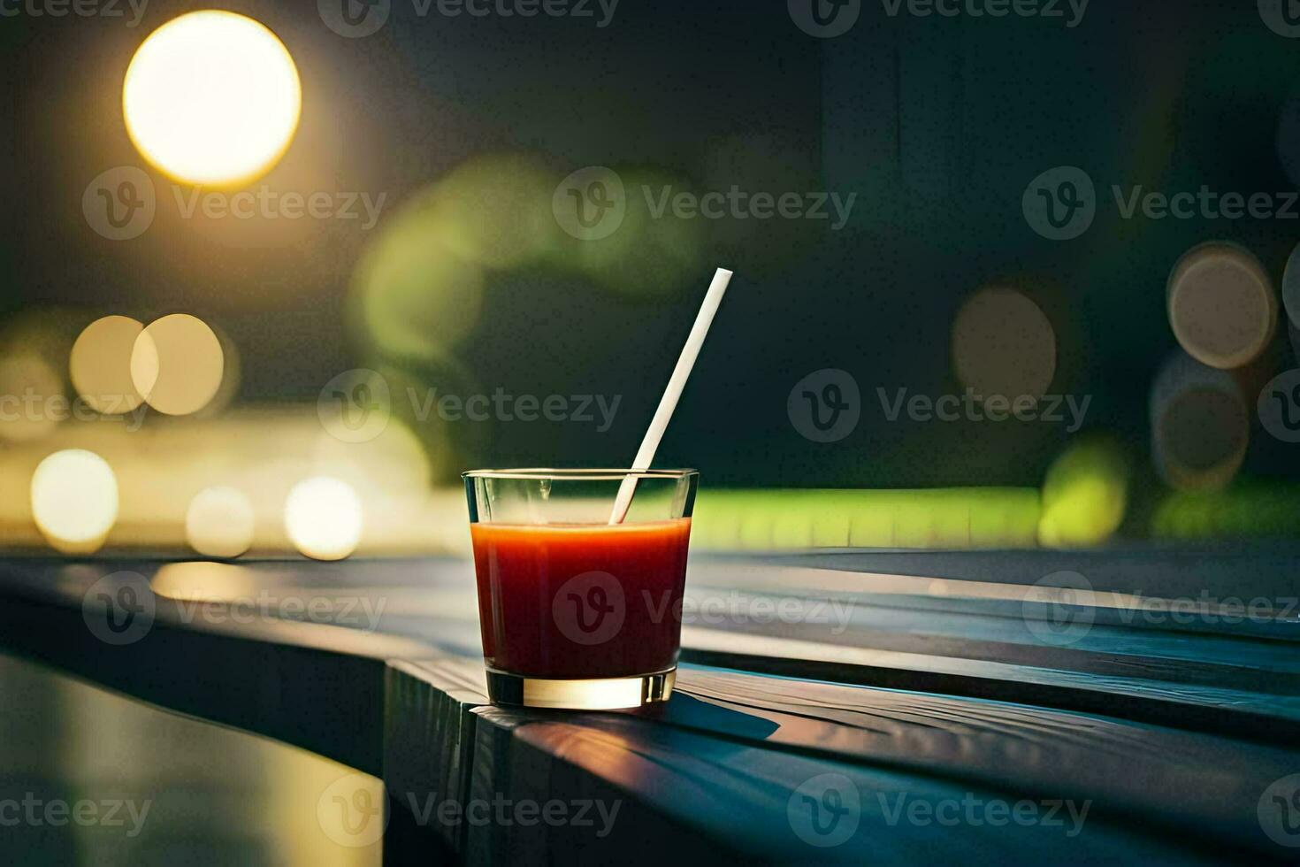 a glass of juice on a wooden table. AI-Generated photo
