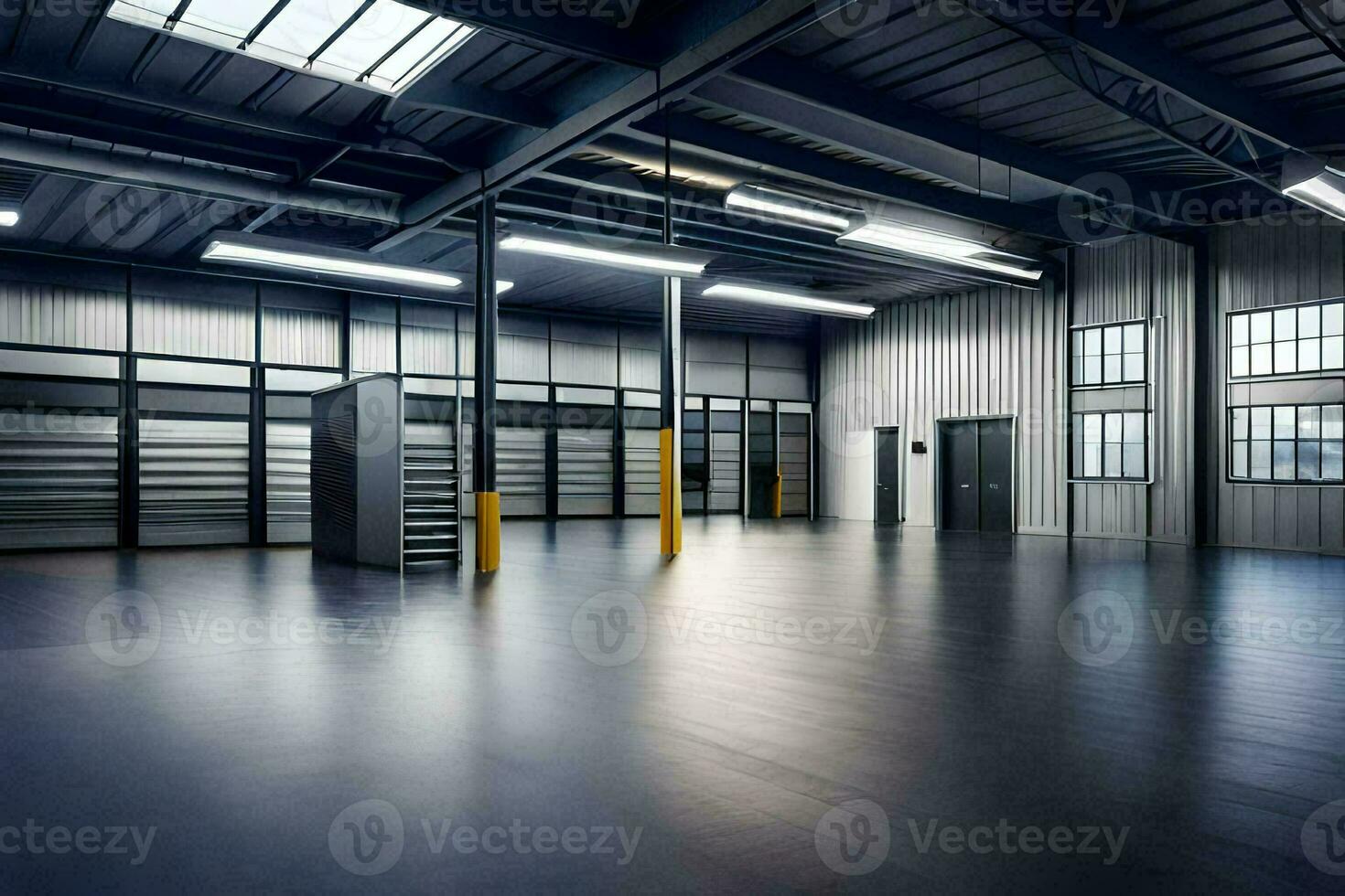 a large warehouse with a large open floor. AI-Generated photo