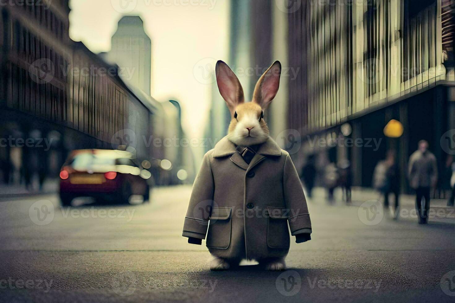 a rabbit wearing a coat and tie standing on a street. AI-Generated photo