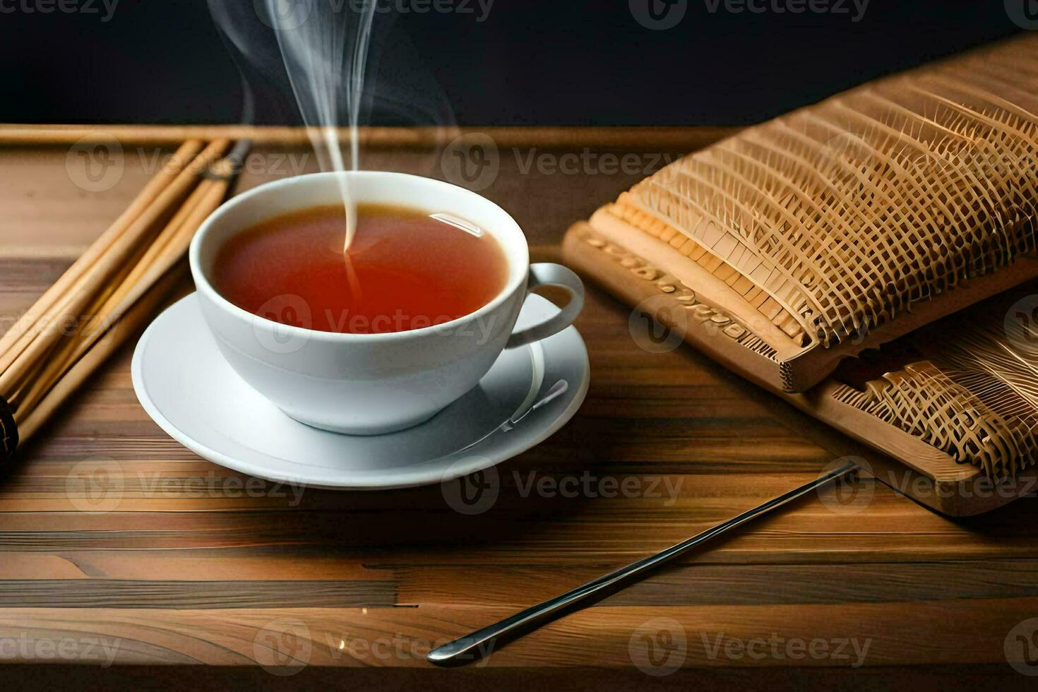 a cup of tea and chopsticks on a wooden table. AI-Generated photo