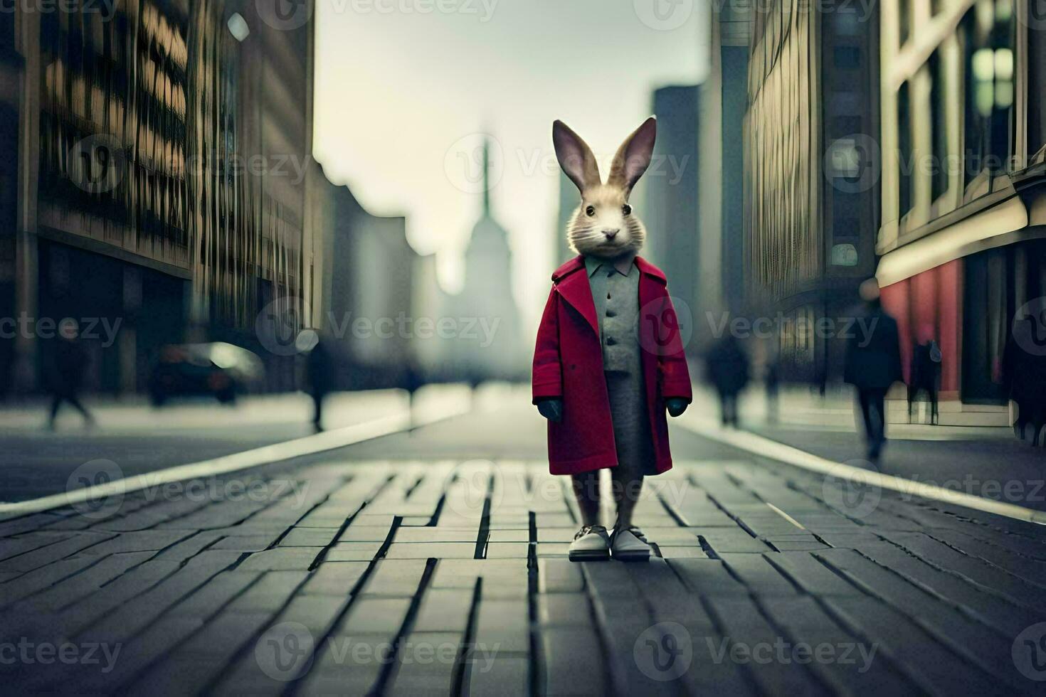 a rabbit wearing a red coat standing on a street. AI-Generated photo