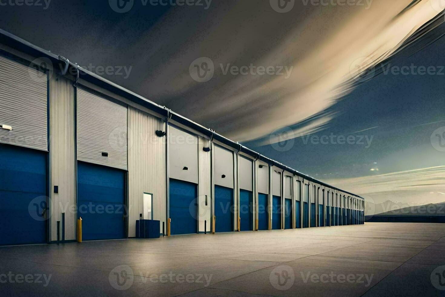 a long exposure photo of a warehouse with blue doors. AI-Generated