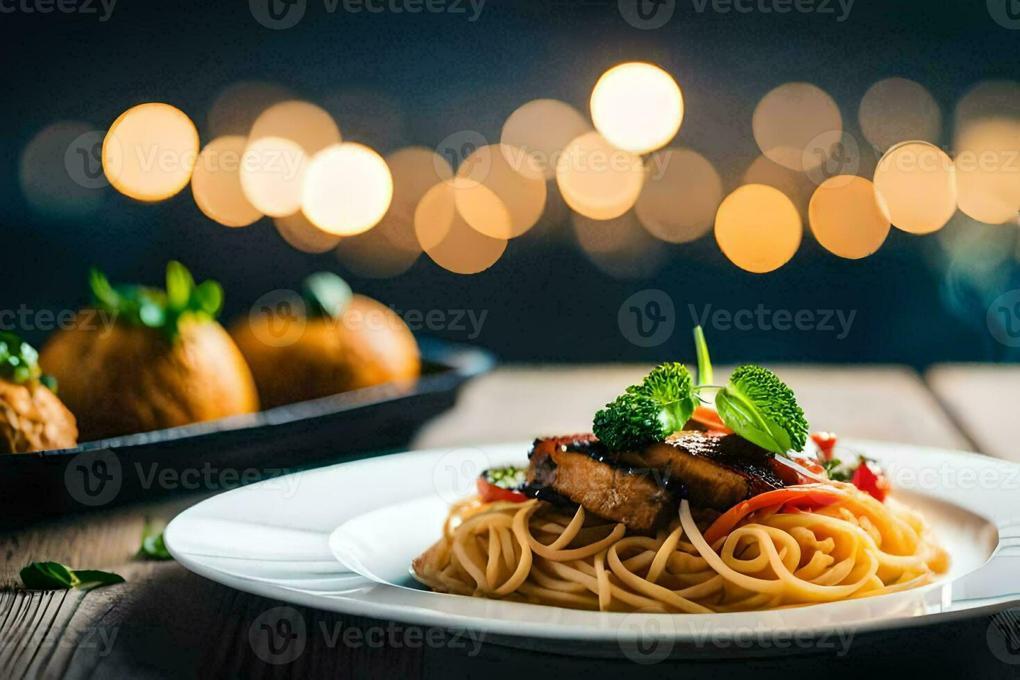 spaghetti with meat and vegetables on a plate. AI-Generated photo