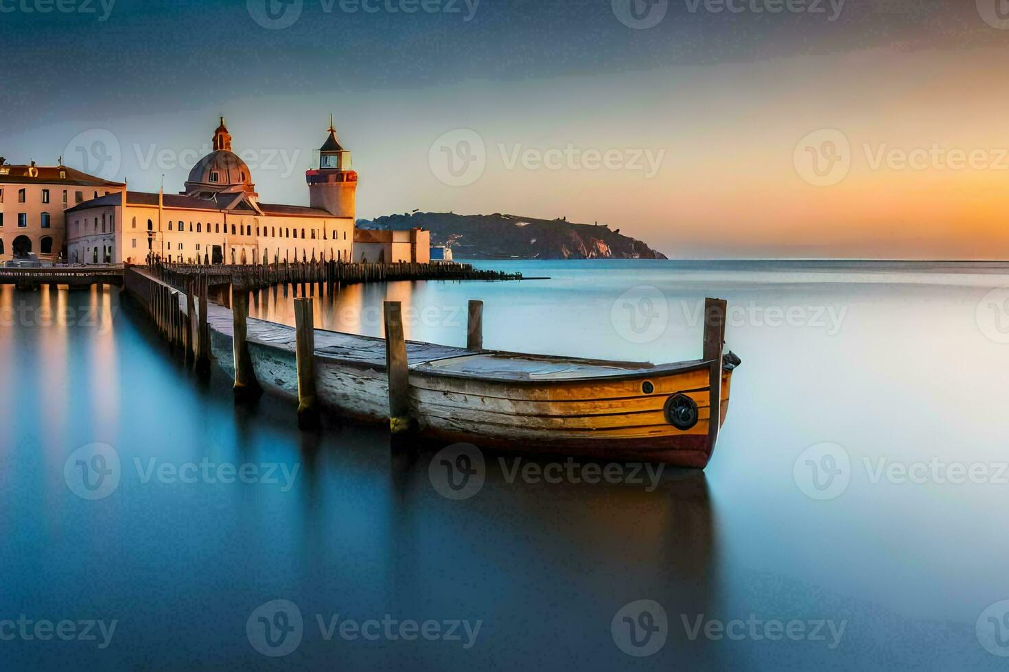 un barco se sienta en el muelle a puesta de sol. generado por ai foto