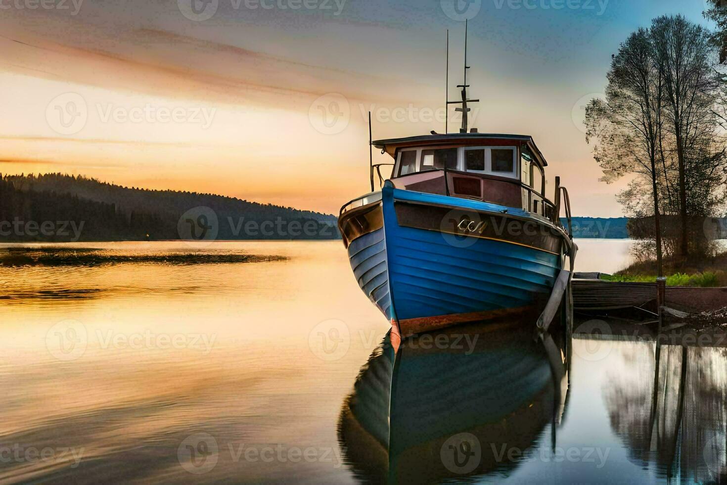 a boat docked at the shore of a lake. AI-Generated photo