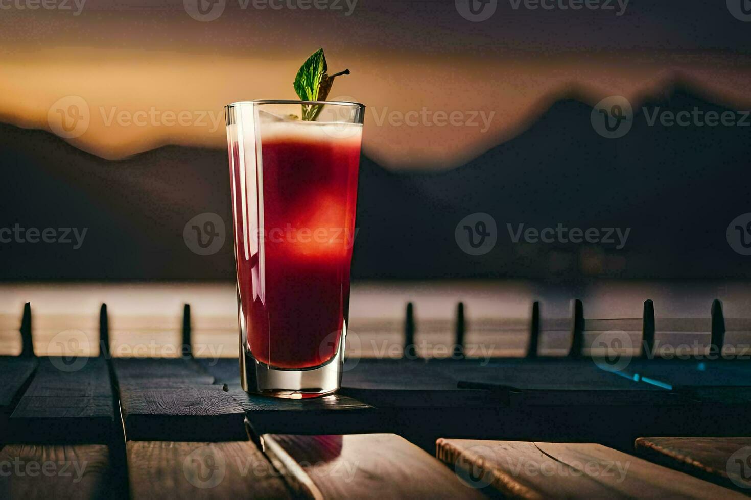 a red drink sitting on a wooden table in front of a lake. AI-Generated photo