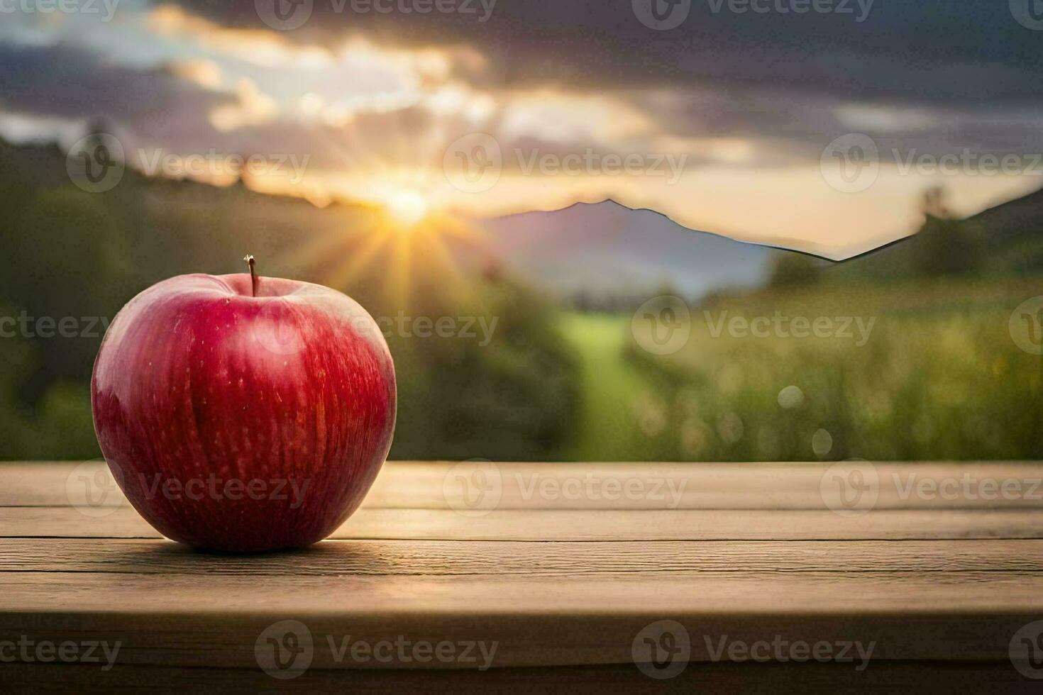 an apple sits on a wooden table in front of a sunset. AI-Generated photo