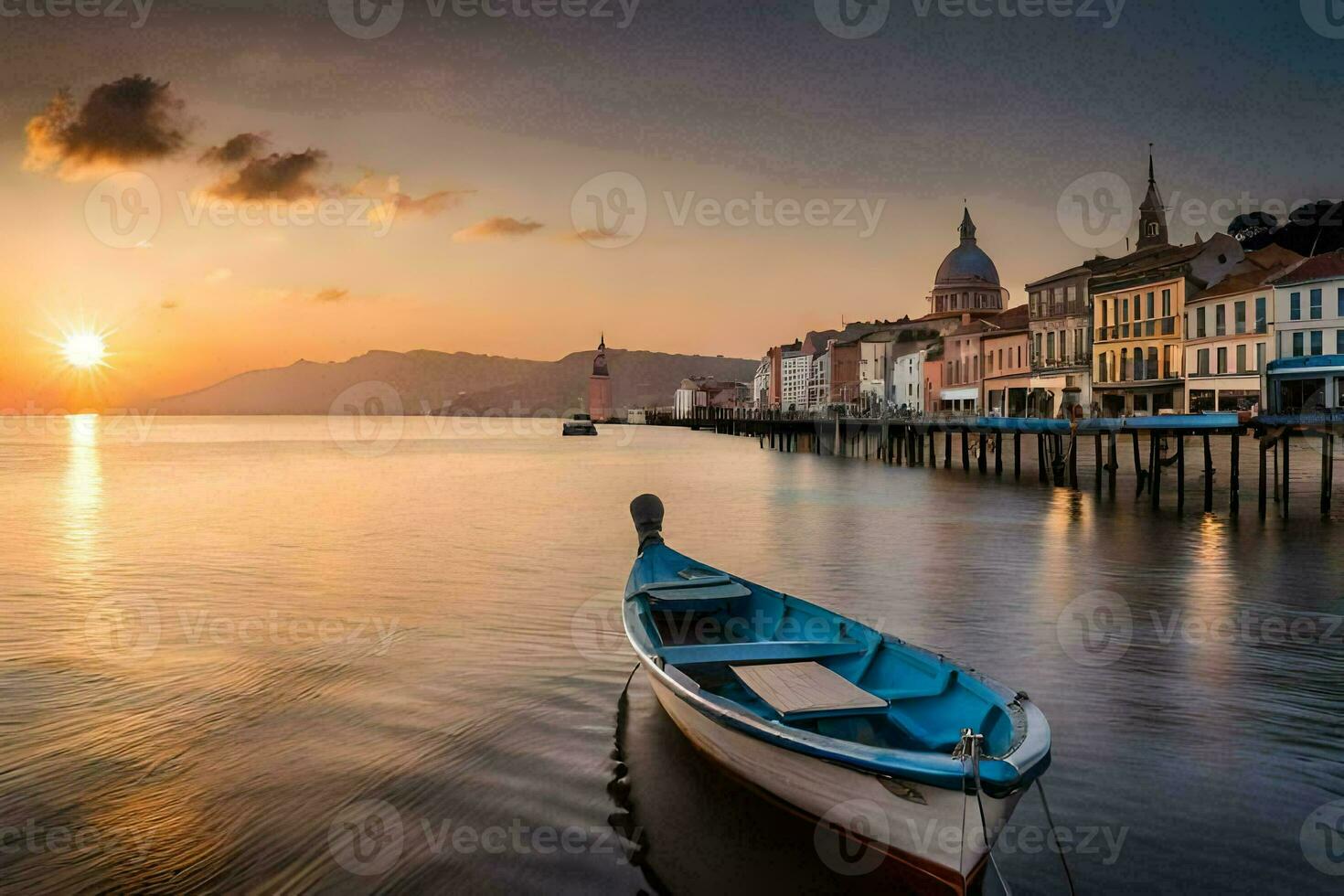 un barco se sienta en el agua a puesta de sol. generado por ai foto