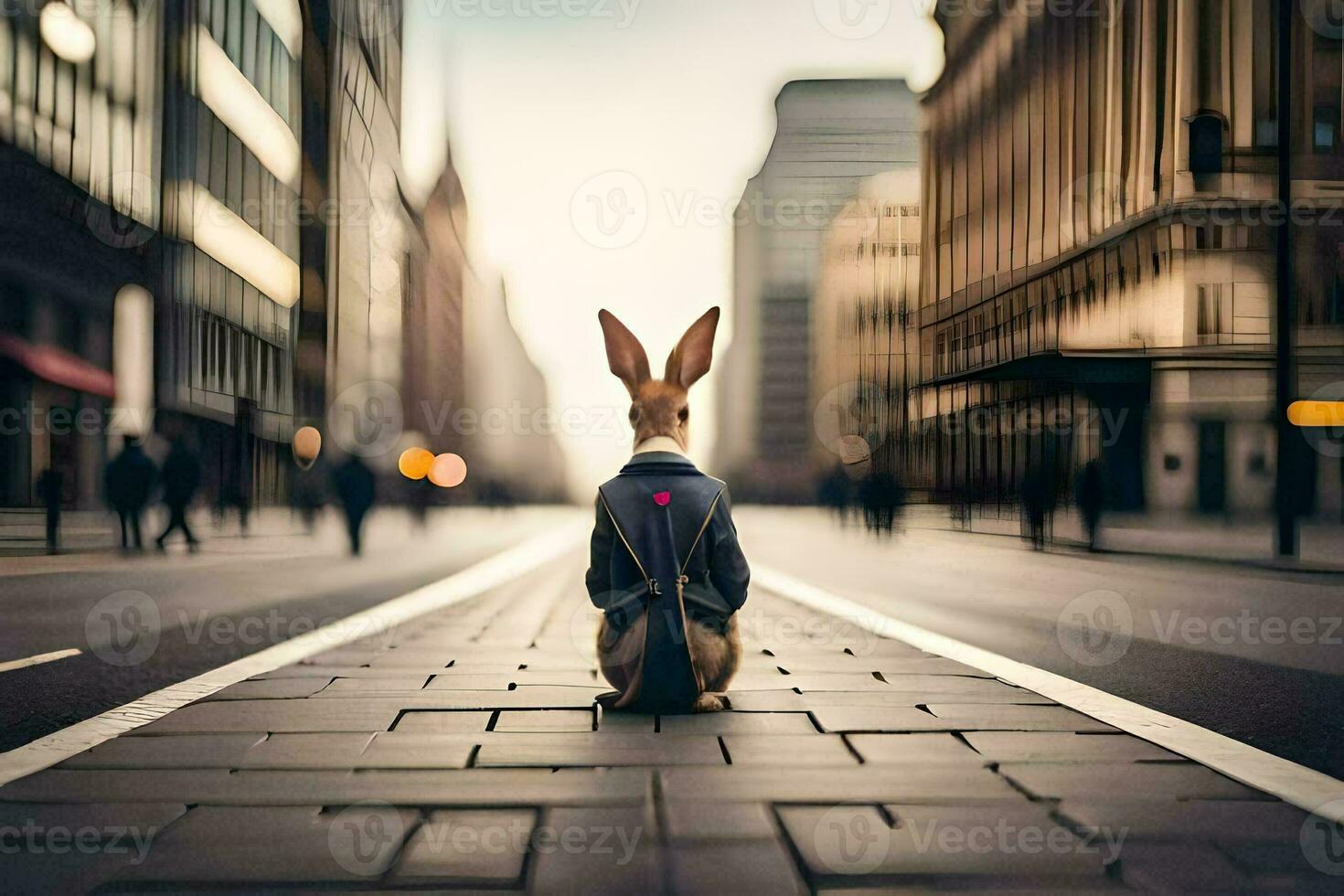 a rabbit wearing a suit sits on the street. AI-Generated photo