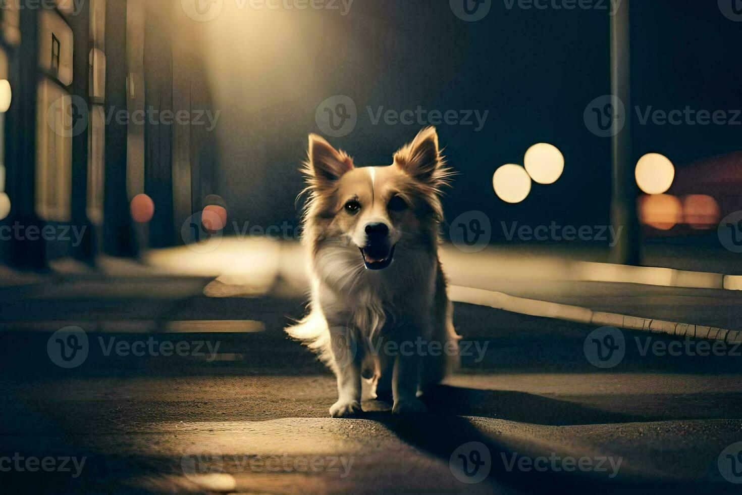 un perro es en pie en un calle a noche. generado por ai foto