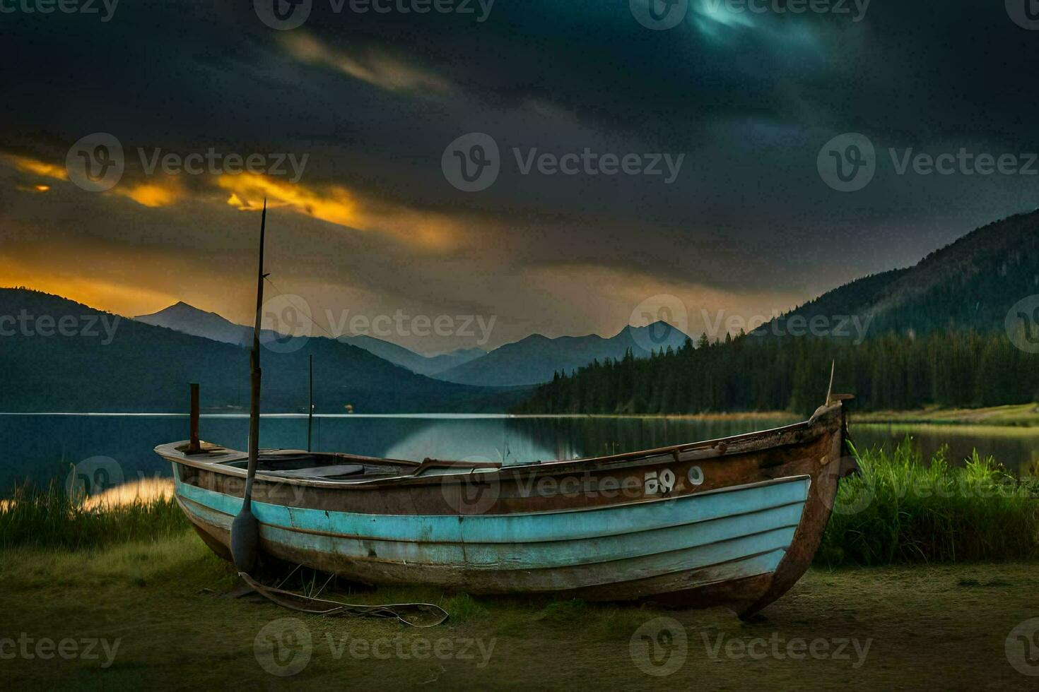 a boat sits on the shore of a lake at sunset. AI-Generated photo
