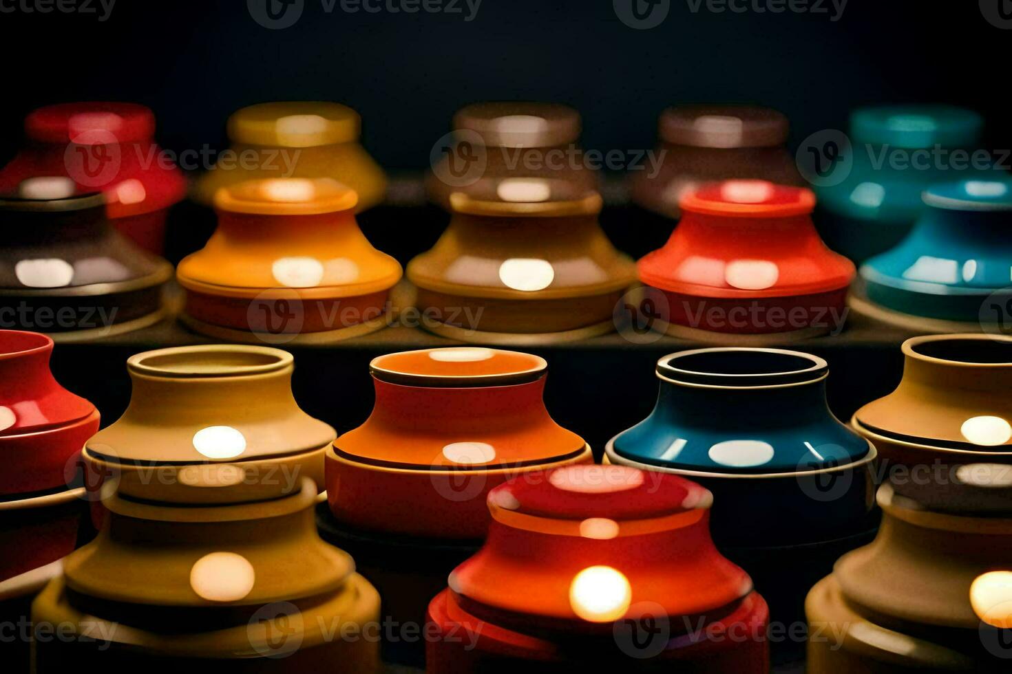 a row of colorful vases with lit candles. AI-Generated photo