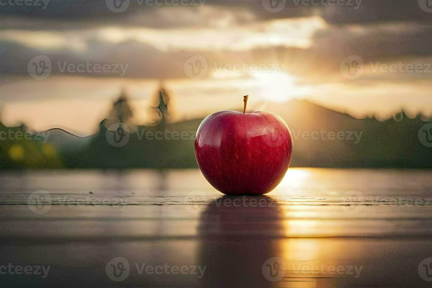 an apple sits on a table in front of the sun. AI-Generated photo
