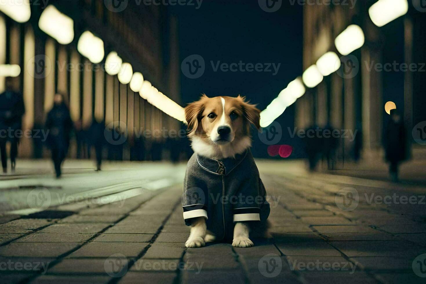 a dog wearing a jacket sits on the street at night. AI-Generated photo